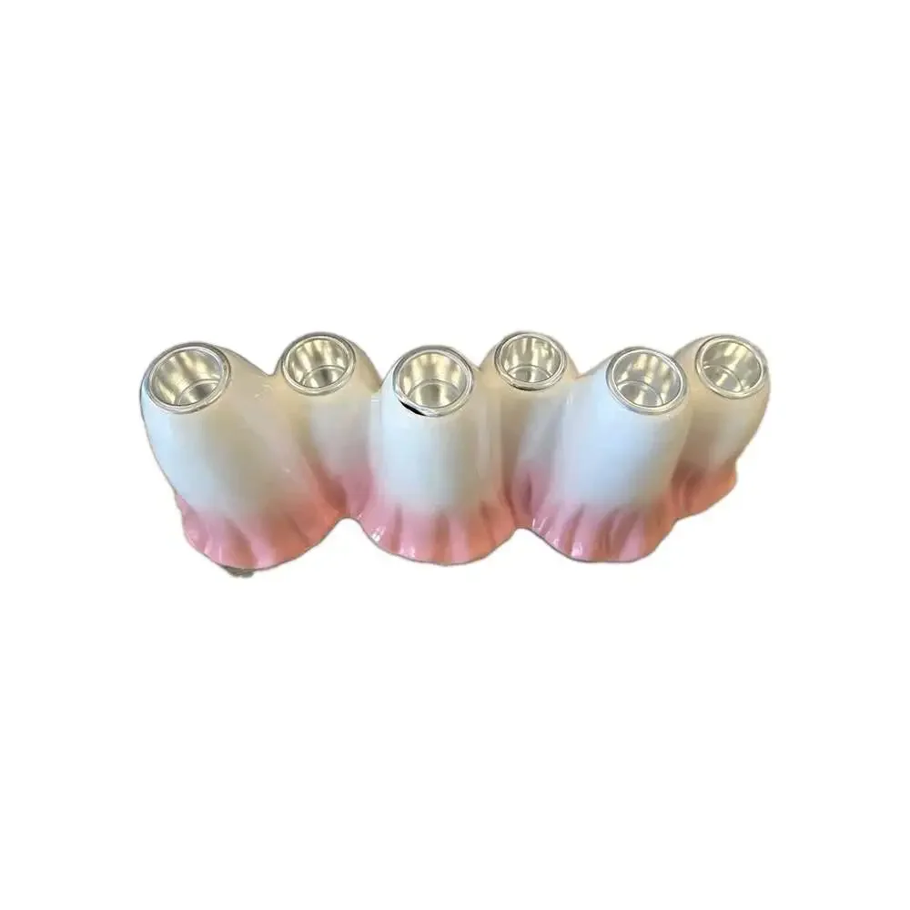 New Ceramic Halloween Spooky White W/ Pink Ghost Family 6 Candle Holder Decor